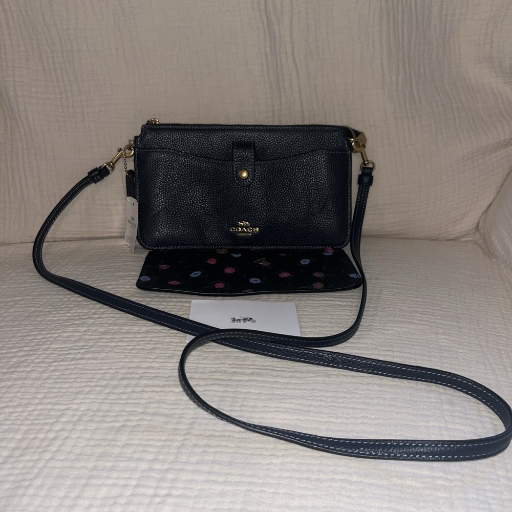 Coach Navy Pebbled Leather Noa Pop Up Messenger Bag/ Clutch (New) 8"x5"